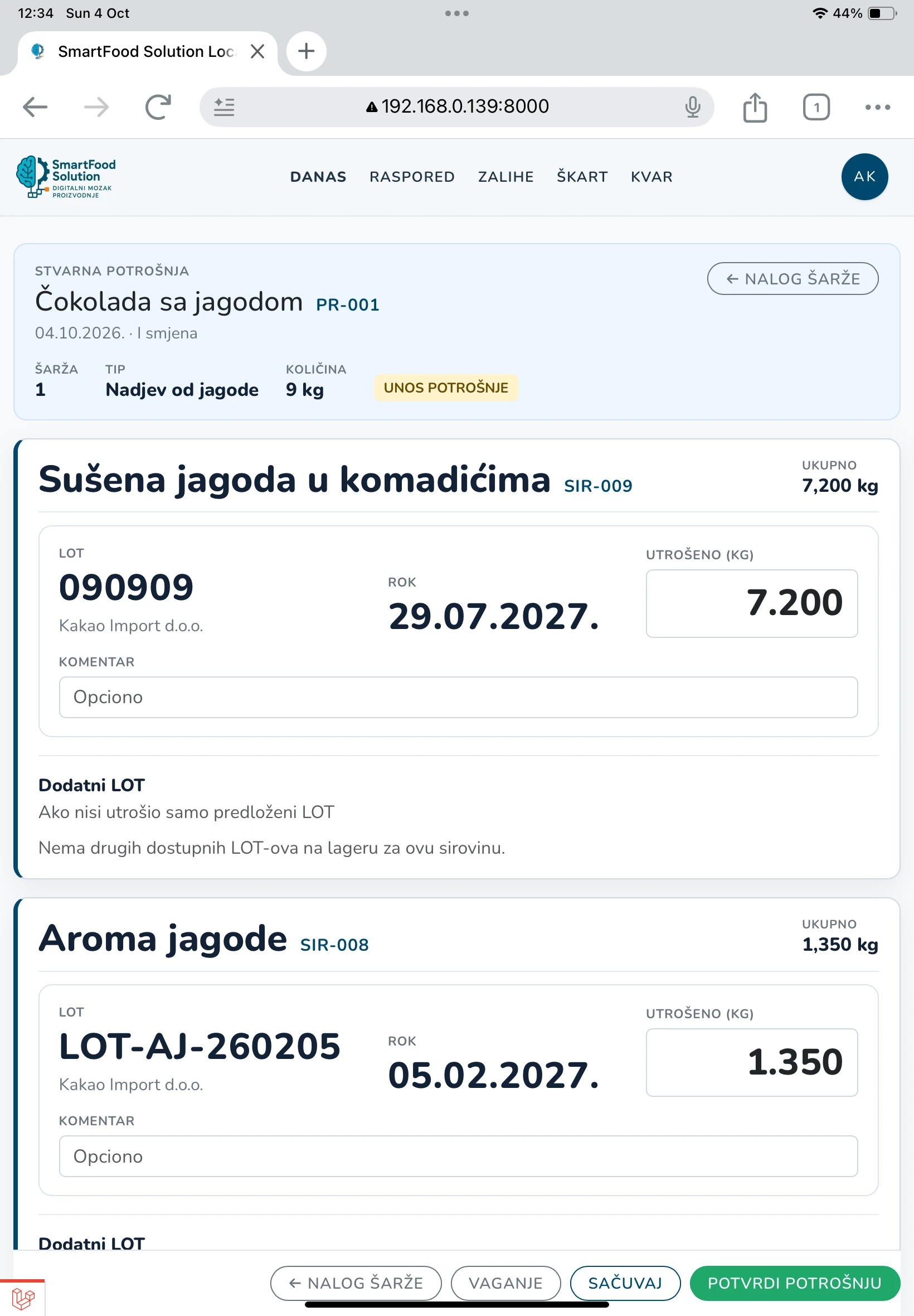 Potrošnja po LOT-u. Izravno uz šaržu.